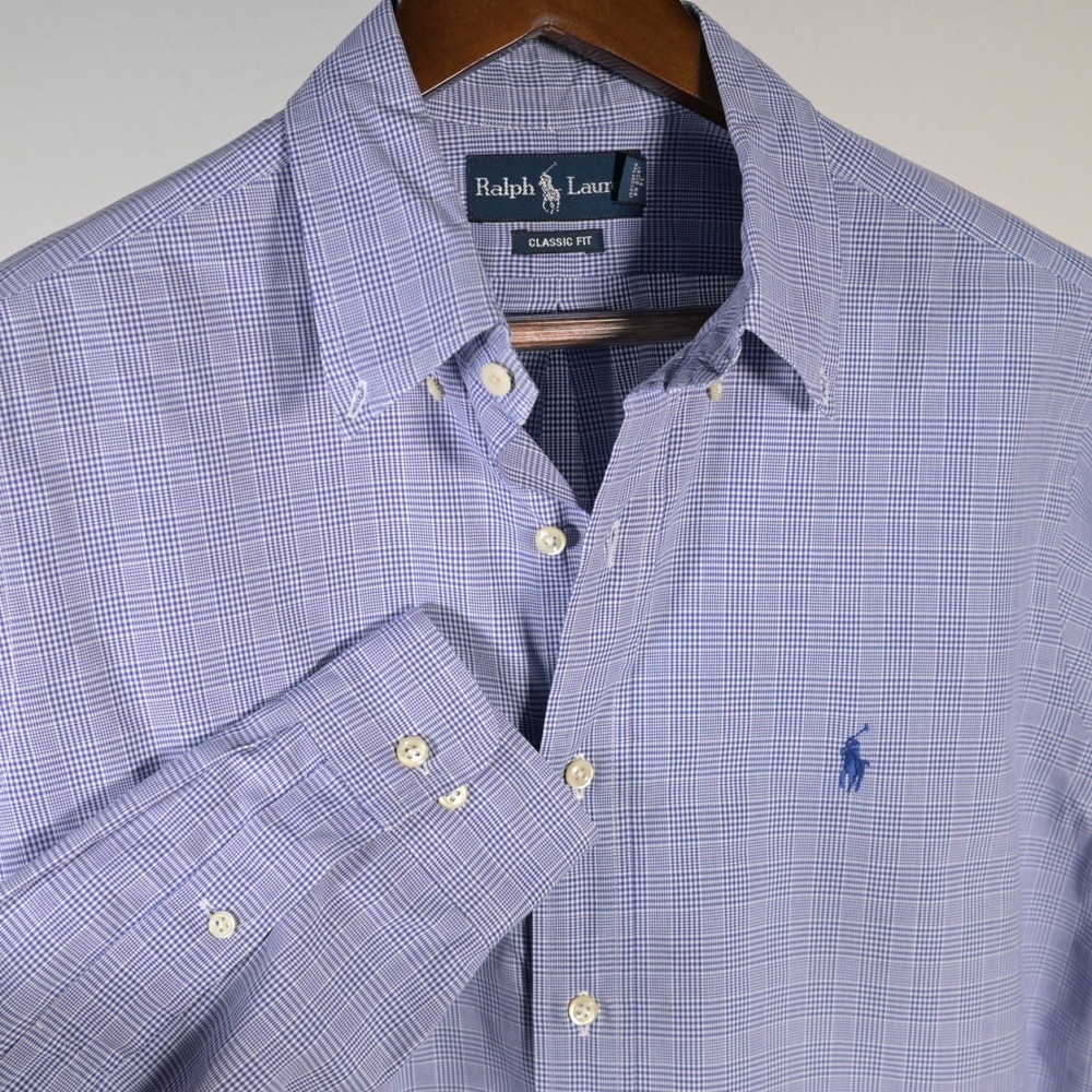 Ralph Lauren Mens Classic Fit Dress Shirt Blue Micro Check 16 34/35‎ Button Down